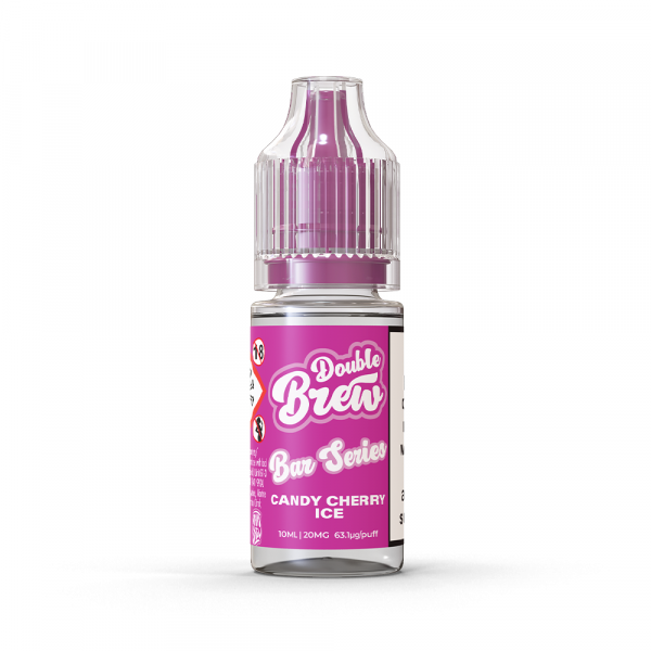A bottle of Double Brew Bar Series Candy Cherry Ice 20mg e-liquid with a pink label.