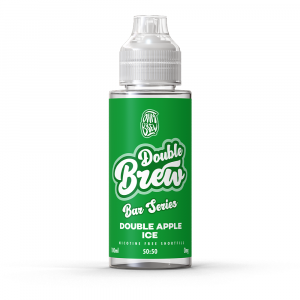 A bottle of Double Brew Bar Series Double Apple Ice 100ml e-liquid with a green label.