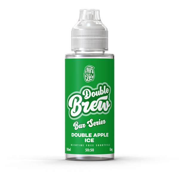 A bottle of Double Brew Bar Series Double Apple Ice 100ml e-liquid with a green label.