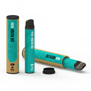 An Ohm Brew CBD OG Kush 6ml disposable vape device with green label and tube packaging.