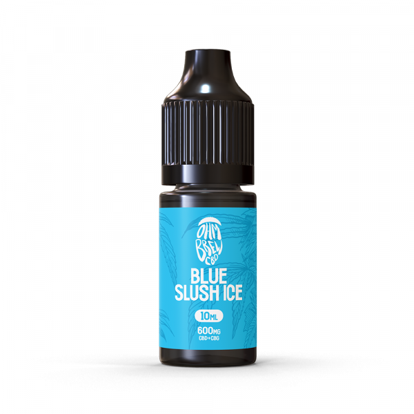 A bottle of Ohm Brew CBD Blue Slush Ice 10ml e-liquid with a blue label.