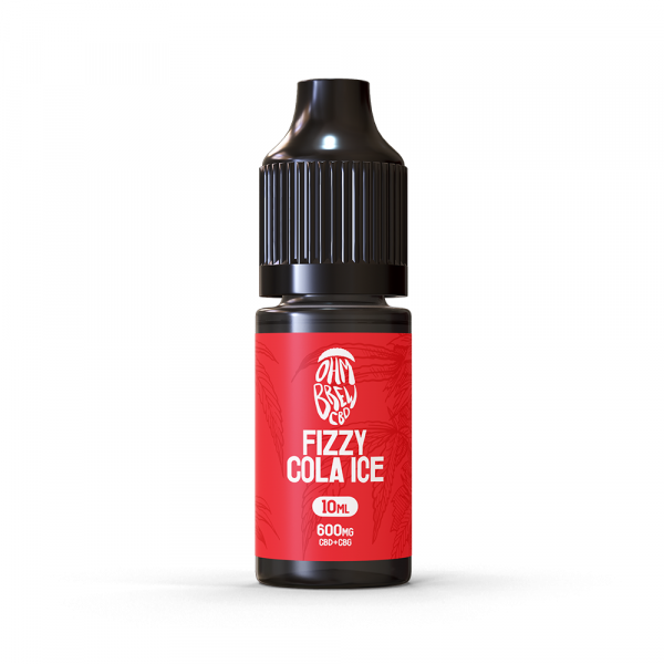 A bottle of Ohm Brew CBD Fizzy Cola Ice 10ml e-liquid with a red label.