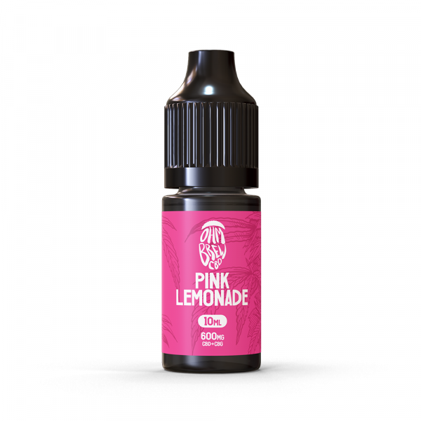 A bottle of Ohm Brew CBD Pink Lemonade 10ml e-liquid with a pink label.