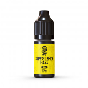 A bottle of Ohm Brew CBD Super Lemon Haze 10ml e-liquid with a yellow label.