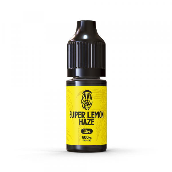 A bottle of Ohm Brew CBD Super Lemon Haze 10ml e-liquid with a yellow label.