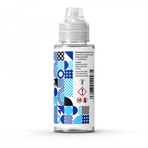 A rear view of a bottle of Ohm Brew Nostalgia Golfball Candy 100ml e-liquid with a white label.