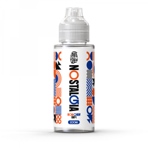 A front view of a bottle of Ohm Brew Nostalgia Iron Chew Bar 100ml e-liquid with a white label.