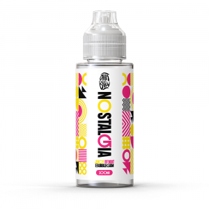 A front view of a bottle of Ohm Brew Nostalgia Juicy Froot Bubblegum 100ml e-liquid with a white label.