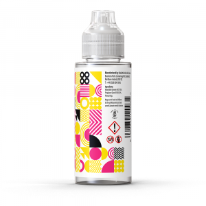 A rear view of a bottle of Ohm Brew Nostalgia Juicy Froot Bubblegum 100ml e-liquid with a white label.