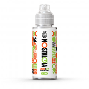 A front view of a bottle of Ohm Brew Nostalgia Orange Lime Sour Worms 100ml e-liquid with a white label.