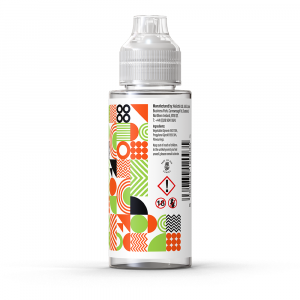 A rear view of a bottle of Ohm Brew Nostalgia Orange Lime Sour Worms 100ml e-liquid with a white label.