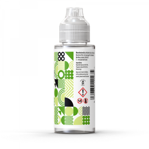 A rear view of a bottle of Ohm Brew Nostalgia Pear Drop Fizz 100ml e-liquid with a white label.