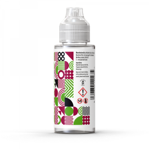 A rear view of a bottle of Ohm Brew Nostalgia Sour Cherry Apple Squashed Chew 100ml e-liquid with a white label.