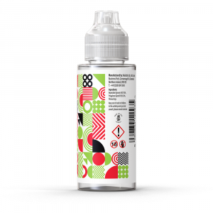 A rear view of a bottle of Ohm Brew Nostalgia Strawberry Kiwi Spacerocks 100ml e-liquid with a white label.