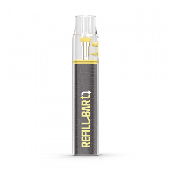 A front view of the Refill Bar Device by Ohm Brew, a black and yellow disposable vape with a clear mouth piece.