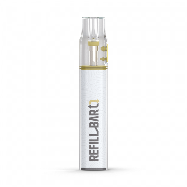 A front view of the Refill Bar Device by Ohm Brew, a white and yellow disposable vape with a clear mouth piece.