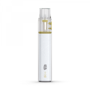 A rear view of the Refill Bar Device by Ohm Brew, a white and yellow disposable vape with a clear mouth piece.