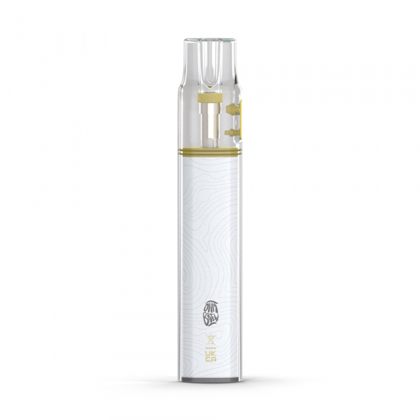 A rear view of the Refill Bar Device by Ohm Brew, a white and yellow disposable vape with a clear mouth piece.