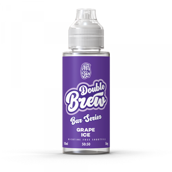 A bottle of Double Brew Bar Series Grape Ice 100ml e-liquid with a purple label.