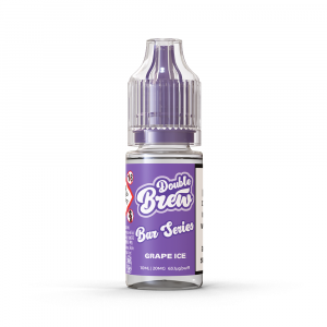 A bottle of Double Brew Bar Series Grape Ice 20mg e-liquid with a purple label.
