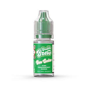 A bottle of Double Brew Bar Series Kiwi Passionfruit Guava 20mg e-liquid with a green label.