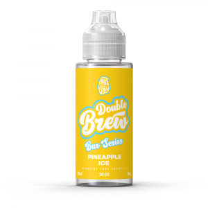 A bottle of Double Brew Bar Series Pineapple Ice 100ml e-liquid with a yellow label.