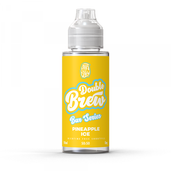 A bottle of Double Brew Bar Series Pineapple Ice 100ml e-liquid with a yellow label.