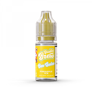 A bottle of Double Brew Bar Series Pineapple Ice 20mg e-liquid with a yellow label.