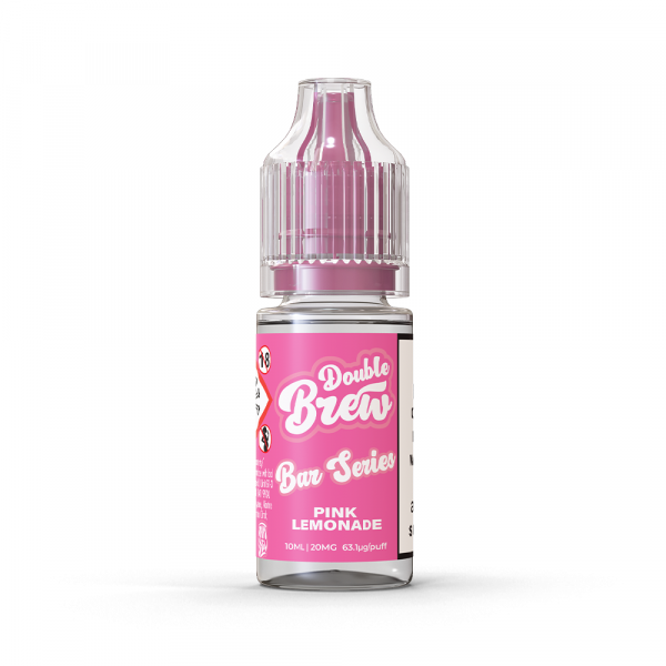 A bottle of Double Brew Bar Series Pink Lemonade 20mg e-liquid with a pink label.