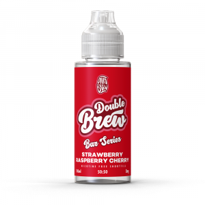 A bottle of Double Brew Bar Series Raspberry Strawberry Cherry 100ml e-liquid with a red label.