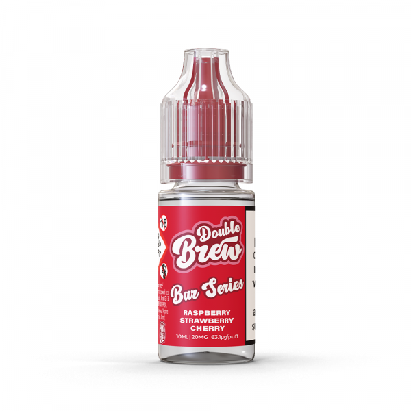 A bottle of Double Brew Bar Series Raspberry Strawberry Cherry 100ml e-liquid with a red label.