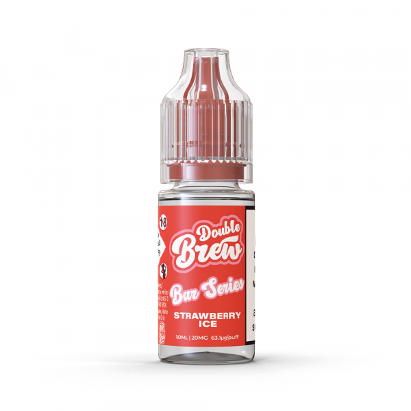 A bottle of Double Brew Bar Series Strawberry Ice 20mg e-liquid with a red label.