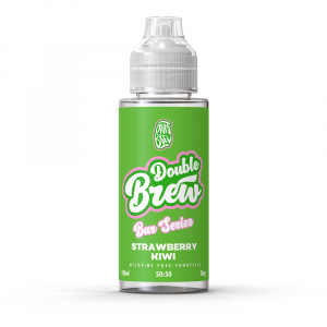 A bottle of Double Brew Bar Series Strawberry Kiwi 100ml e-liquid with a green label.