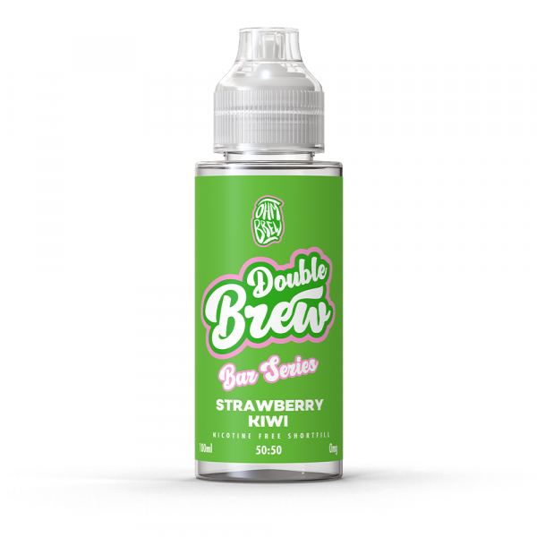 A bottle of Double Brew Bar Series Strawberry Kiwi 100ml e-liquid with a green label.