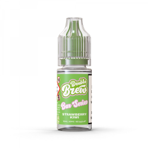 A bottle of Double Brew Bar Series Strawberry Kiwi 20mg e-liquid with a green label.