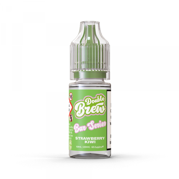 A bottle of Double Brew Bar Series Strawberry Kiwi 20mg e-liquid with a green label.