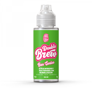 A bottle of Double Brew Bar Series Strawberry Watermelon Bubblegum 100ml e-liquid with a green label.