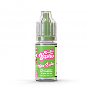 A bottle of Double Brew Bar Series Strawberry Watermelon Bubblegum 20mg e-liquid with a green label.