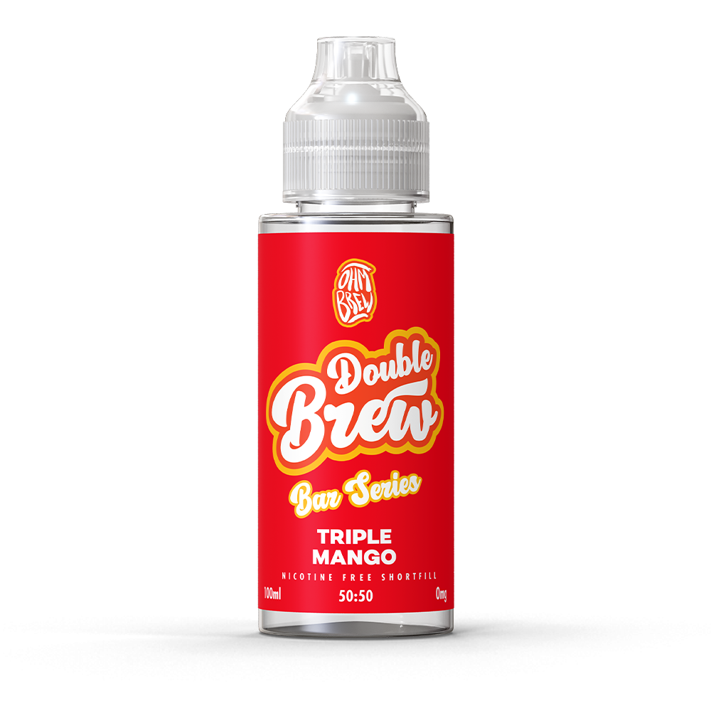 A bottle of Double Brew Bar Series Triple Mango 100ml e-liquid with a red label.