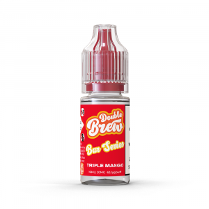 A bottle of Double Brew Bar Series Triple Mango 20mg e-liquid with a red label.