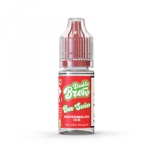 A bottle of Double Brew Bar Series Watermelon Ice 20mg e-liquid with a red label.