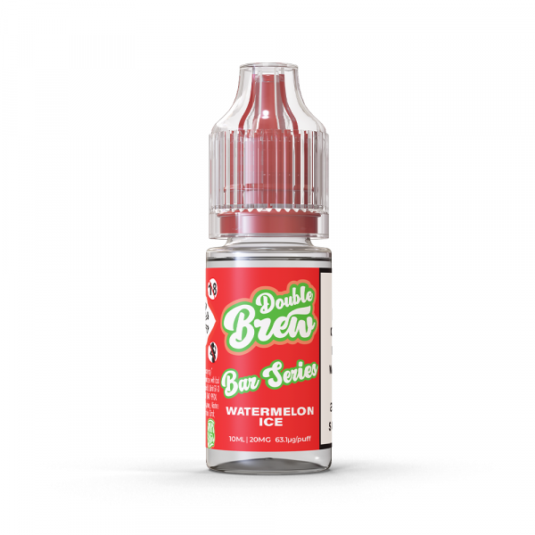 A bottle of Double Brew Bar Series Watermelon Ice 20mg e-liquid with a red label.