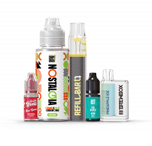 A collection of Ohm Brew products featuring 10ml 100ml bottles and two e-cig devices.