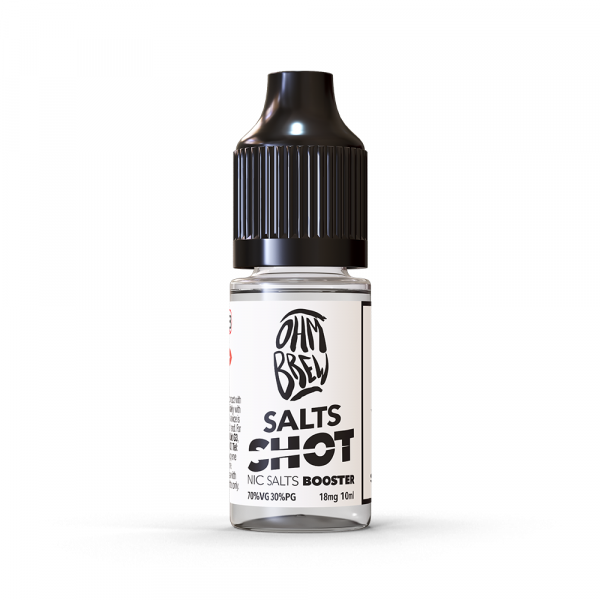 A bottle of Ohm Brew Nic Salt Nic Shot with a white and black label