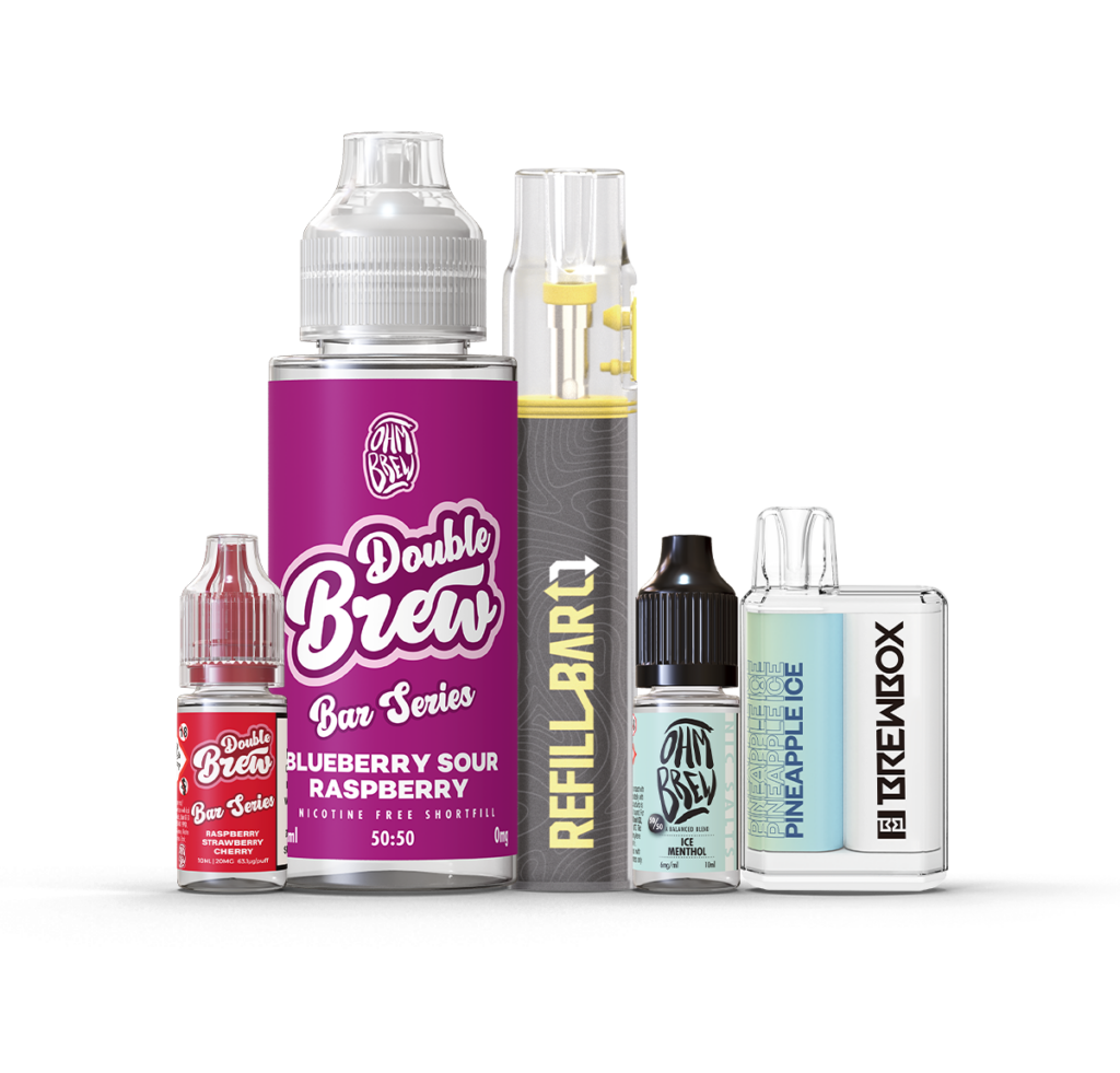Ohm brew range of products including e-liquid and refill bar